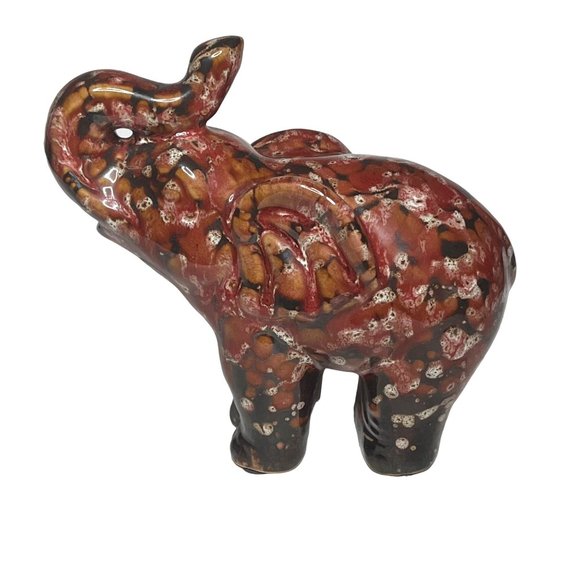Vintage Ceramic Glazed Elephant Speckled Trunk Up Brown/Red - Picture 3 of 6